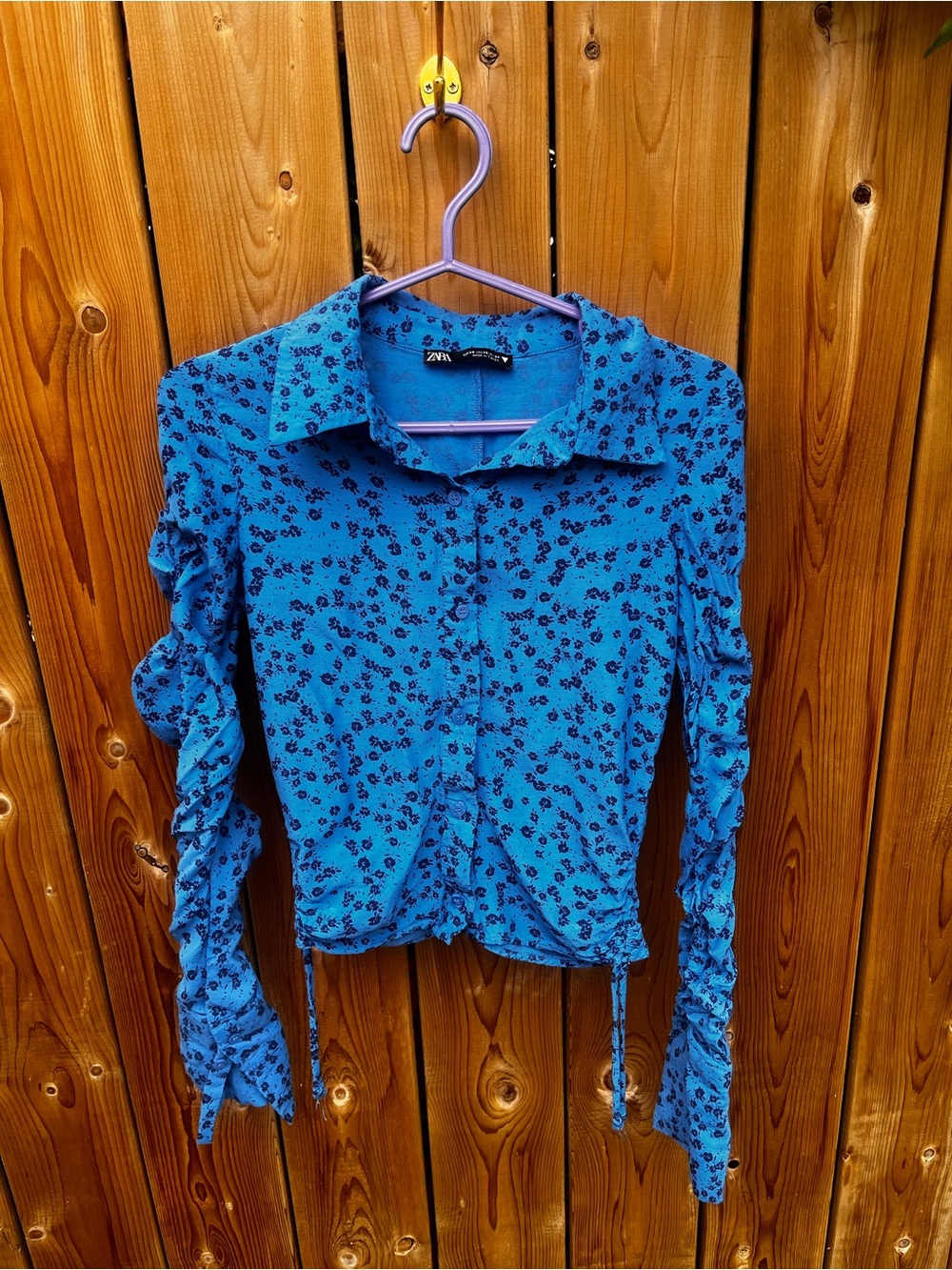 Zara Bright Blue Floral Button-Front Long Sleeve Blouse